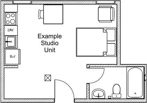 A drawing of a studio apartment with a living room, kitchen, and bathroom.